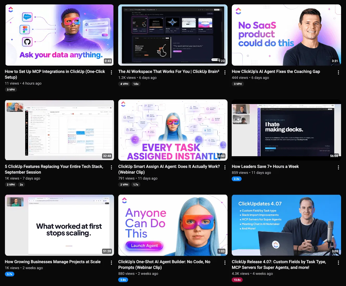 ClickUp recent YouTube uploads mixing tutorials, product demos, webinars, and releases