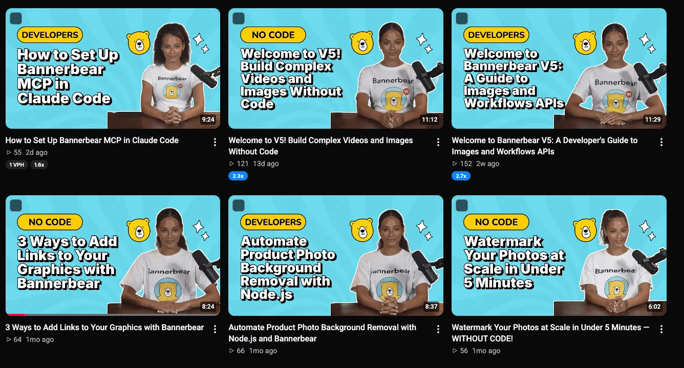 Recent Bannerbear YouTube videos covering different audience interests